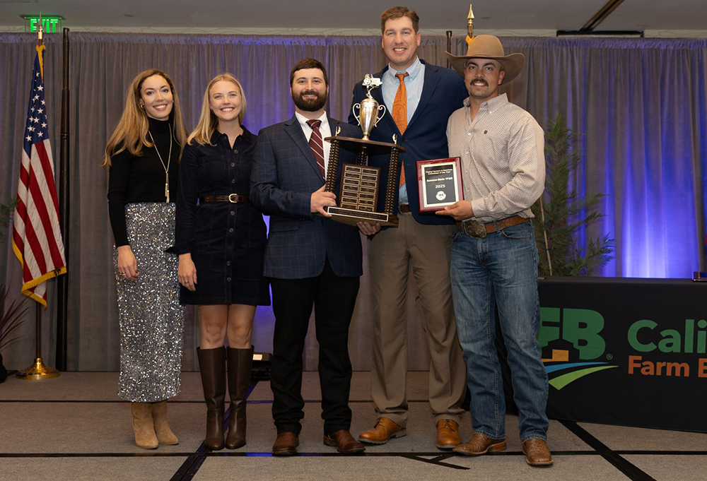 The Sonoma-Marin Young Farmers & Ranchers Committee receives the YF&R Committee of the Year Award for overall committee excellence from Daniel Jones, YF&R State Committee chair, second from right. Sonoma-Marin members, from left, are Regina Pozzi, Amelia Pozzi, Matthew Vosseler and Steven Pozzi.