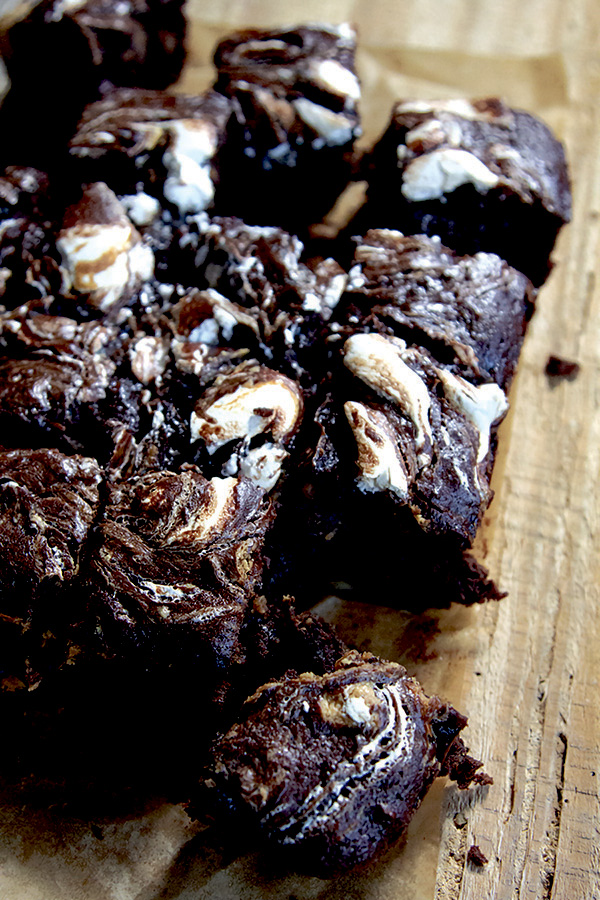 Toasted marshmallows and almond butter swirl roasted sweet potato brownies