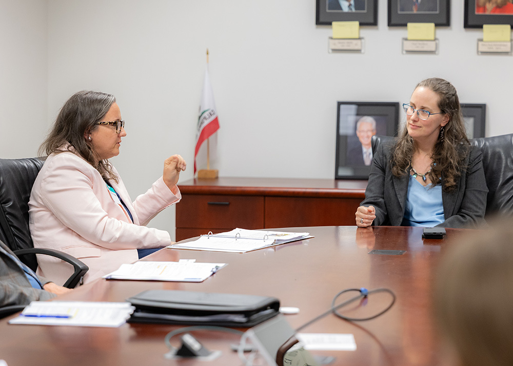 California Farm Bureau President Shannon Douglass, left, talks with Karen Morrison, director of the California Department of Pesticide Regulation, in a meeting last week during the first of the Calling on the Capitol series, in which Farm Bureau members discuss with policymakers issues of concern facing California farmers and ranchers.