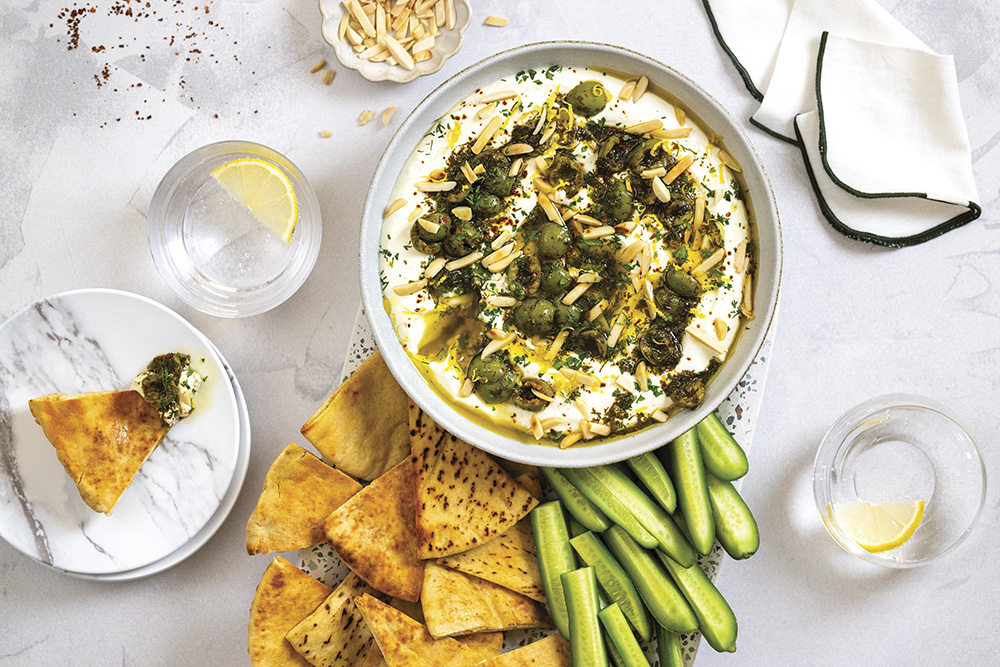 Whipped cottage cheese olive and almond dip