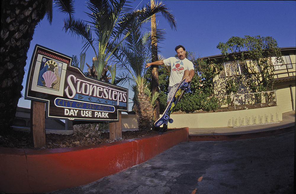 In a 1989 photo, Balma is seen skateboarding in front of his beach house in Encinitas.