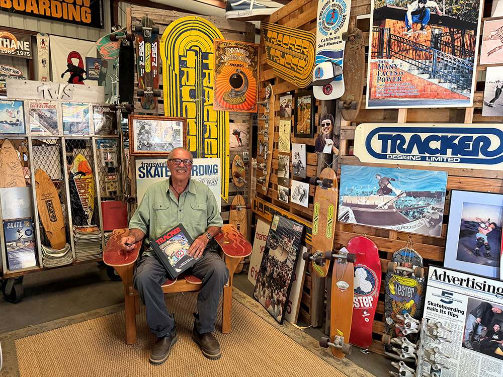 At his ranch in Oceanside, Larry Balma shows off his collection of skateboards and other memorabilia.