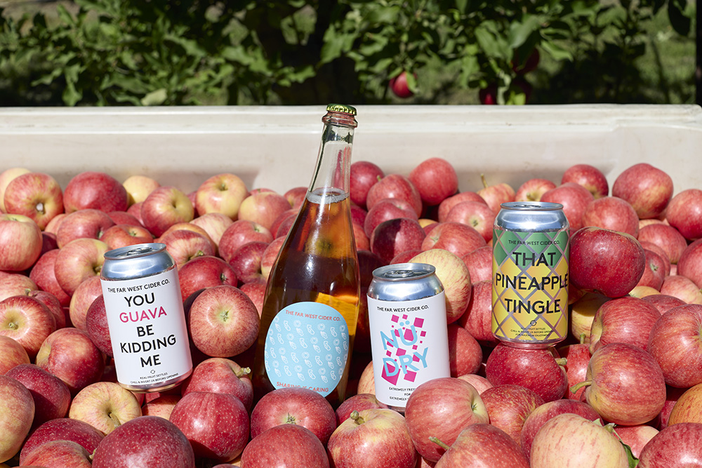 Far West Cider makes multiple varieties of hard ciders, above, using apples and sometimes other fruit from the Chinchiolo family’s own orchards in San Joaquin County.