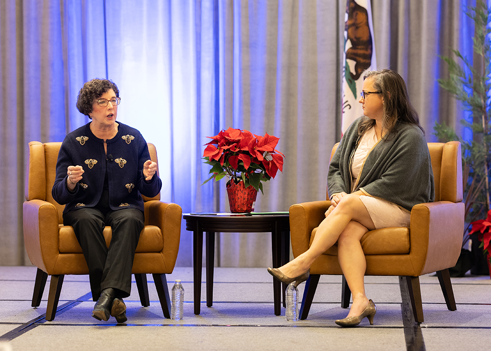 Pam Marrone, co-founder and executive chair of the Invasive Species Corporation, left, shares insights from her career during a talk with California Farm Bureau President Shannon Douglass.
